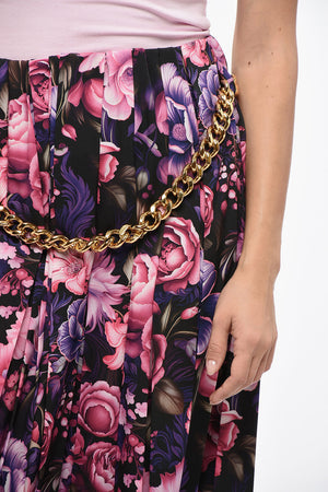 Long Pleated Skirt with Floral Pattern and Chain Detail