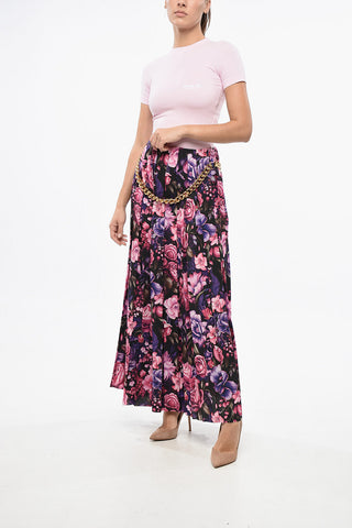 Long Pleated Skirt with Floral Pattern and Chain Detail