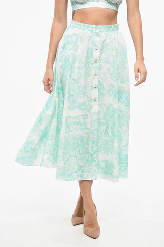 Azulejo Patterned Silk Blend Skirt with Front Buttoning