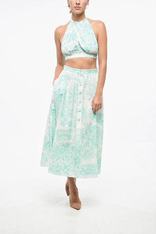 Azulejo Patterned Silk Blend Skirt with Front Buttoning