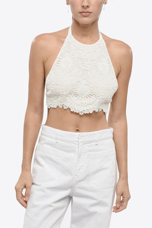 Cotton-Blend Macramé Halter-Neck Top