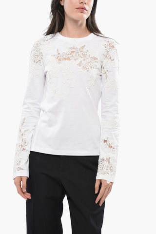 Long-sleeved Cotton T-Shirt with Lace Patches