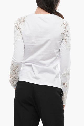 Long-sleeved Cotton T-Shirt with Lace Patches