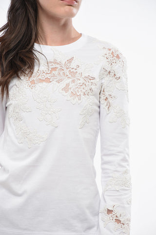 T-Shirt a Maniche Lunghe in Cotone con Applicazioni in Pizzo