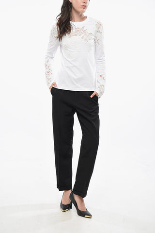 Long-sleeved Cotton T-Shirt with Lace Patches