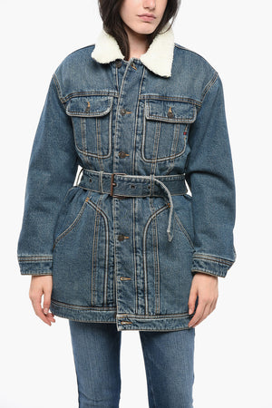 LIBRARY Denim Coat DE-FLAMINIA-T with Belt and Faux-Fur Lining
