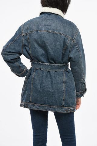 LIBRARY Denim-Mantel DE-FLAMINIA-T mit Gürtel und Kunstpelzfutter
