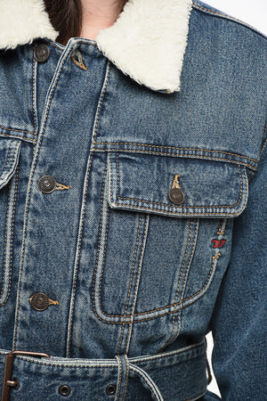 LIBRARY Denim Coat DE-FLAMINIA-T with Belt and Faux-Fur Lining