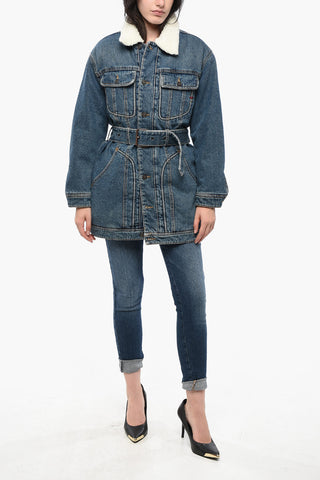 LIBRARY Denim-Mantel DE-FLAMINIA-T mit Gürtel und Kunstpelzfutter