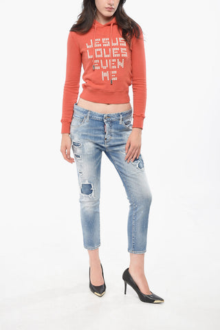 Felpa Hoodie Slim Fit con Ricami in Rilievo