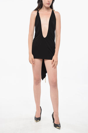 Mini Vestito Asimmetrico Con Scollatura Profonda e Catena Effetto Dorato