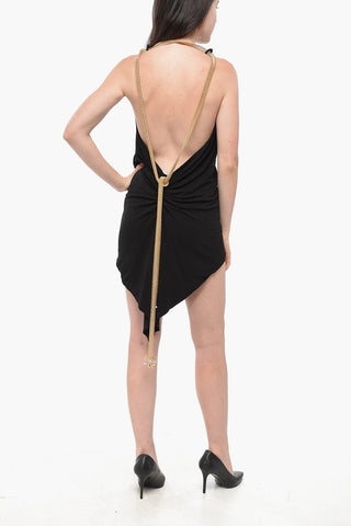Asymmetric Mini Dress with Deep Plunge Neckline and Gold-Effect Chain