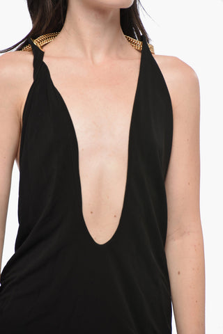 Asymmetric Mini Dress with Deep Plunge Neckline and Gold-Effect Chain
