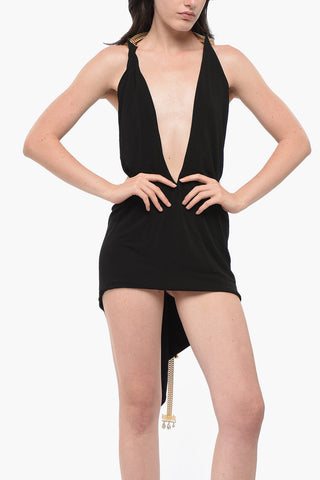 Asymmetric Mini Dress with Deep Plunge Neckline and Gold-Effect Chain