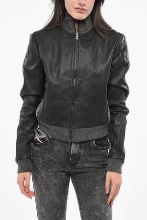 RED TAG Cropped-Fit Leather Bomber EADER with Jersey Details