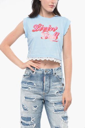 Crewneck T-Shirt MINI FIT Crop with Macramé Lace Hem