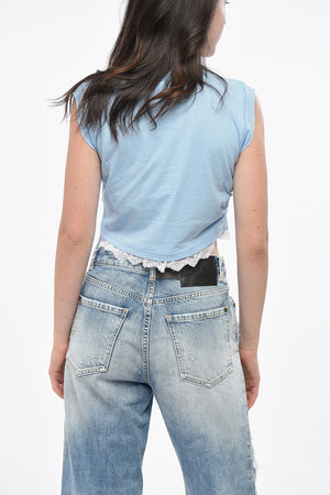 T-shirt Girocollo MINI FIT Crop con Pizzo macrame' sul Fondo