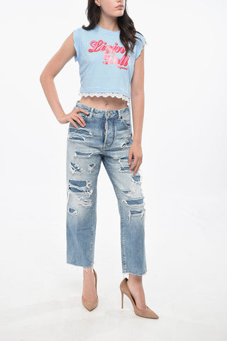 T-shirt Girocollo MINI FIT Crop con Pizzo macrame' sul Fondo