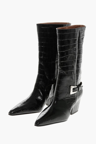 Crocodile-Effect Leather Texan Boots JANE with Silver Buckle, 6.5 cm Heel
