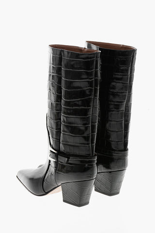 Crocodile-Effect Leather Texan Boots JANE with Silver Buckle, 6.5 cm Heel