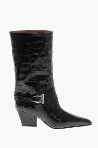 Crocodile-Effect Leather Texan Boots JANE with Silver Buckle, 6.5 cm Heel