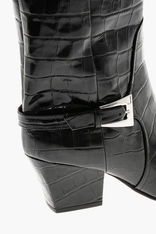 Crocodile-Effect Leather Texan Boots JANE with Silver Buckle, 6.5 cm Heel