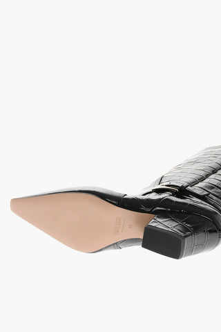 Crocodile-Effect Leather Texan Boots JANE with Silver Buckle, 6.5 cm Heel