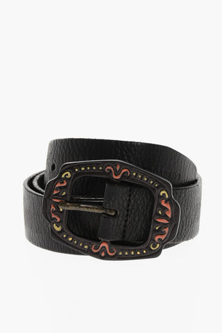 Textured Leather Belt with Enamelled Leather Buckle 35mm