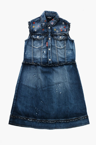 Sleeveless Embroidered Denim Shirt Dress