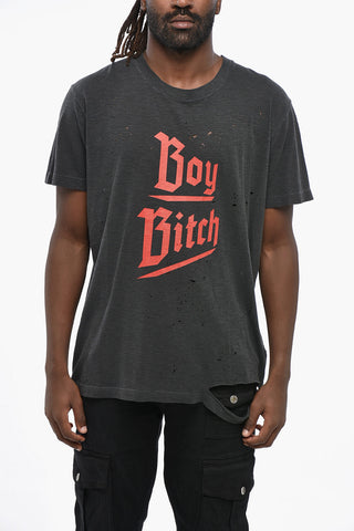 T-Shirt Girocollo BOY BITCH Effetto Distressed