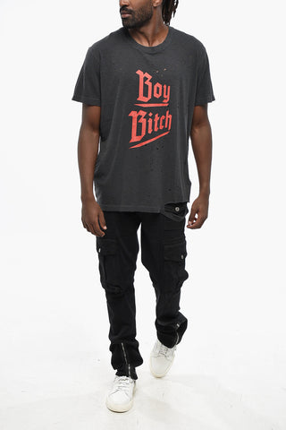 T-Shirt Girocollo BOY BITCH Effetto Distressed