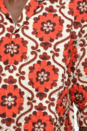 플로럴 패턴 볼링 셔츠 주름 효과