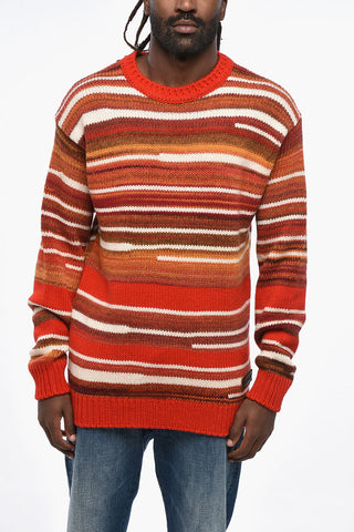 Maglione Girocollo a Righe Multicolor con Patch in Pelle