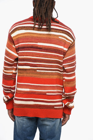Maglione Girocollo a Righe Multicolor con Patch in Pelle
