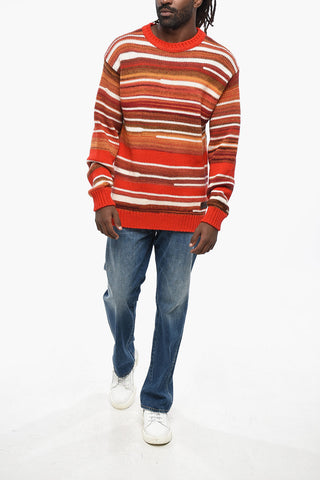 Maglione Girocollo a Righe Multicolor con Patch in Pelle