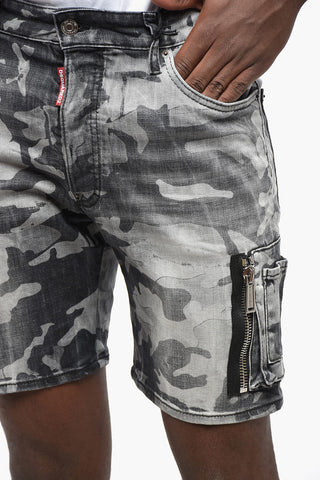 Camouflage Motif Stretch Denim MARINE Shorts