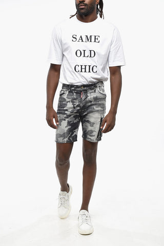 Camouflage Motif Stretch Denim MARINE Shorts