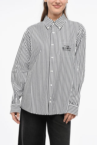 Striped Awning Button-Down Blouse with Pocket