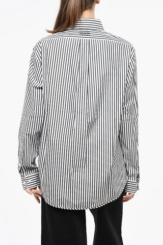 Striped Awning Button-Down Blouse with Pocket