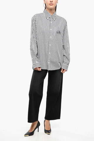 Striped Awning Button-Down Blouse with Pocket