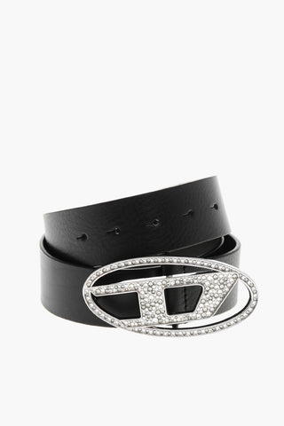 Leather Belt with Rhinestoned Logoed Buckle 40mm
