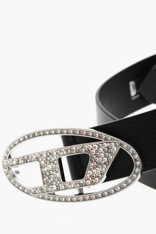 Leather Belt with Rhinestoned Logoed Buckle 40mm