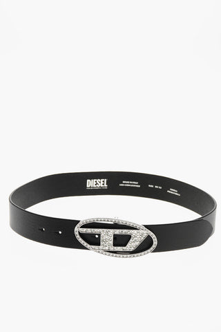 Leather Belt with Rhinestoned Logoed Buckle 40mm