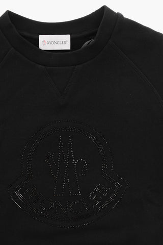 Cotton Fleece Crewneck Sweatshirt with Strass Logo
