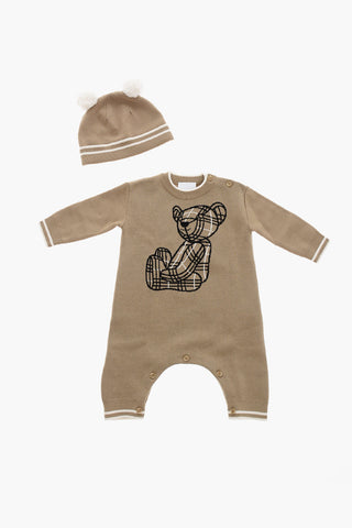 Teddy Bear Embroider Rompersuit and Pom Pom Beanie Set