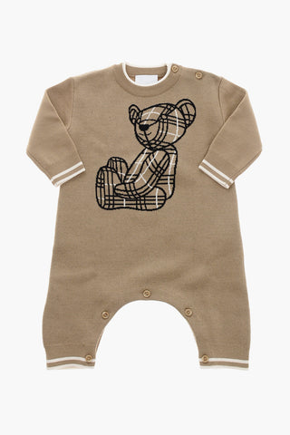 Teddy Bear Embroider Rompersuit and Pom Pom Beanie Set