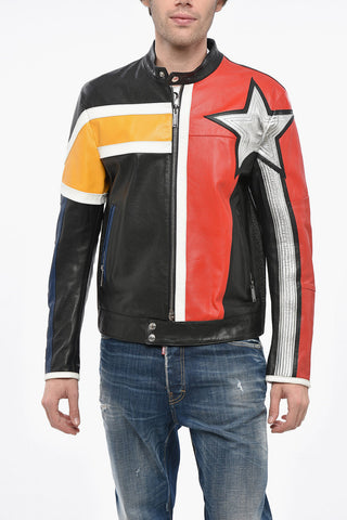 CATEN Leather Motorbiker Jacket with Metallic Leather Detail