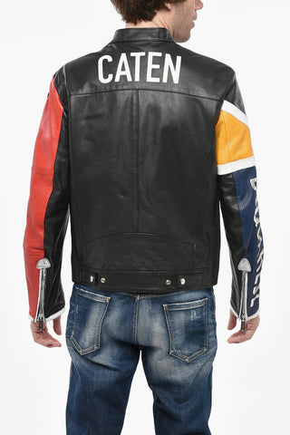 CATEN Leather Motorbiker Jacket with Metallic Leather Detail