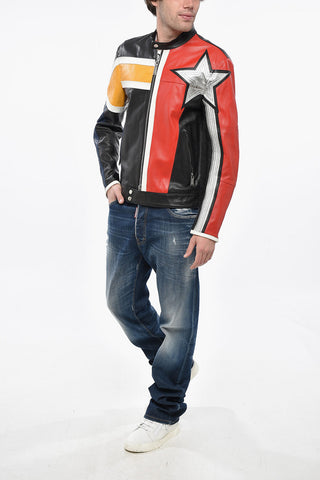 CATEN Leather Motorbiker Jacket with Metallic Leather Detail