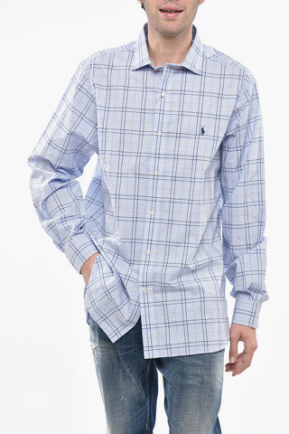 Plaid Motif Poplin Cotton Shirt with Spread Collar